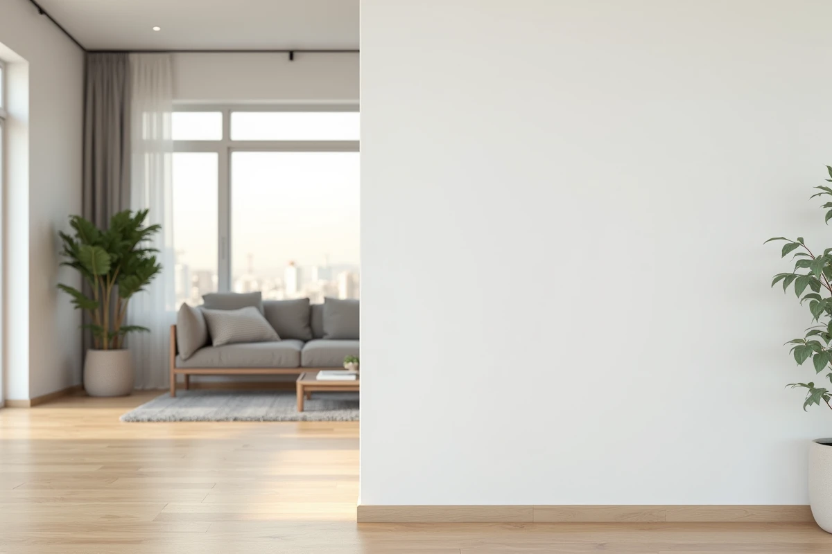 Cloison Placo peinte en blanc dans un salon moderne assurant la séparation phonique des espaces