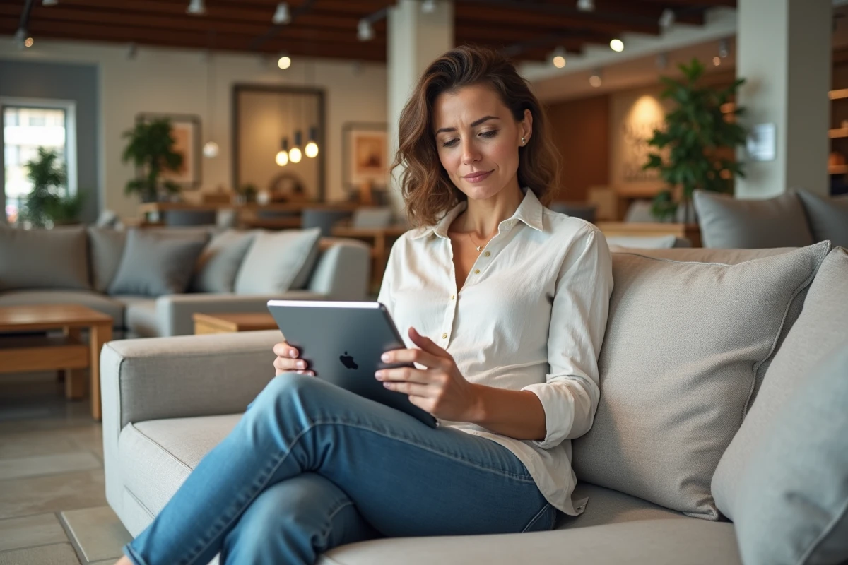 Femme assise dans un magasin de meubles BUT comparant les produits sur une tablette en ligne et en rayon physique