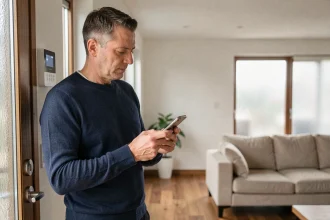 Homme comparant les offres Homiris et Verisure sur son smartphone devant un panneau de sécurité à domicile