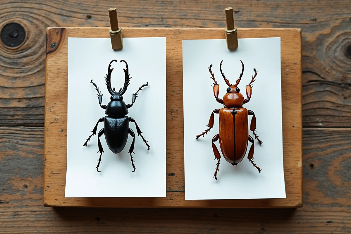 Comparaison côte à côte d'insectes noirs d'humidité et de coléoptères xylophages épinglés sur cartes entomologiques