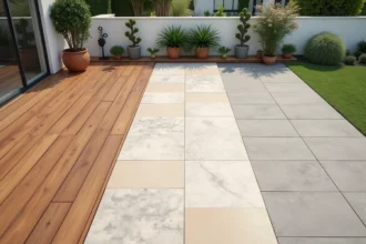 Comparaison de matériaux de terrasse : bois naturel, carrelage et dalles béton côte à côte sur une terrasse résidentielle