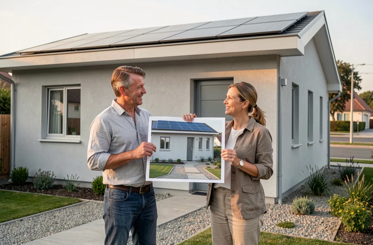 Deux professionnels comparant un rendu PNG de panneaux solaires avec l'installation réelle sur une maison moderne à toit plat