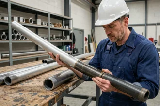 Ingénieur en bâtiment comparant un tube en aluminium et un tube en acier dans un atelier industriel