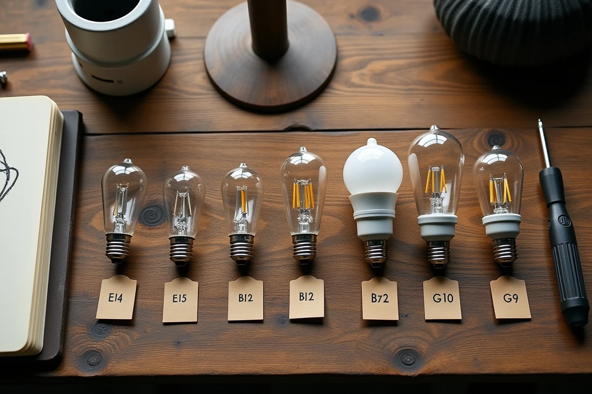 Comparatif des différents types de culots de petites ampoules pour cuisine et salon présentés en vue de dessus sur une table en bois