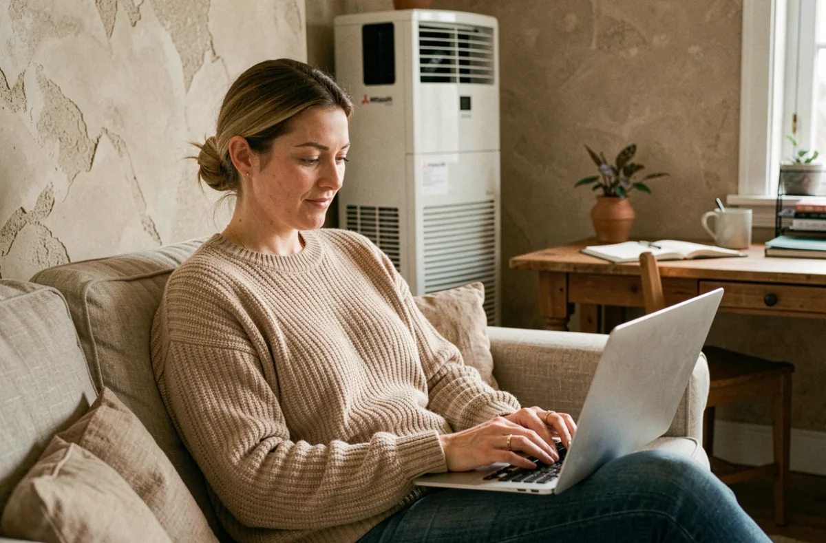 Femme travaillant sereinement à domicile avec une climatisation réversible Mitsubishi en arrière-plan dans un bureau cosy