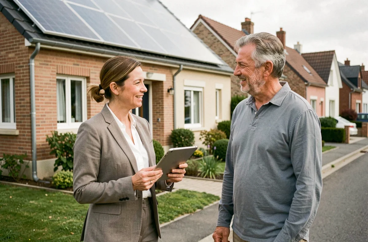 Conseillère en énergie solaire discutant d'un projet d'installation photovoltaïque avec un propriétaire devant sa maison à Amiens