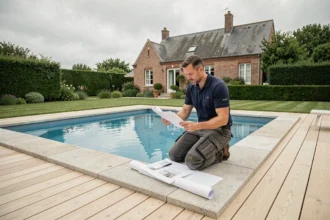 Constructeur de piscine professionnel examinant des plans au bord d'une piscine moderne dans un jardin du nord de la France