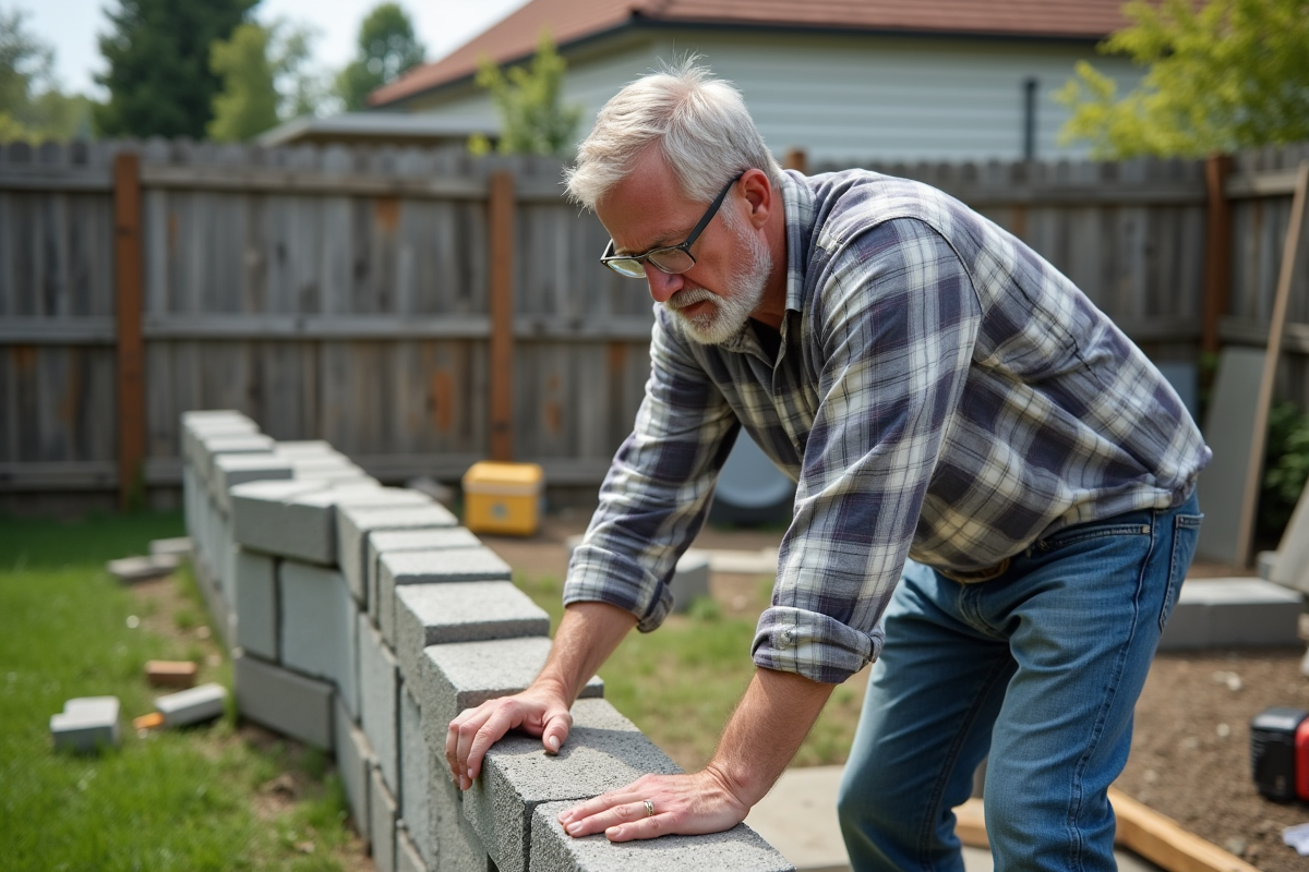 Homme moyenâgeux construisant un mur en béton léger dans un jardin