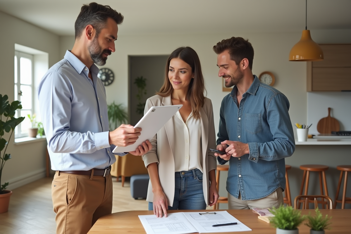 Consultant en home staging discutant avec un couple dans la salle à manger