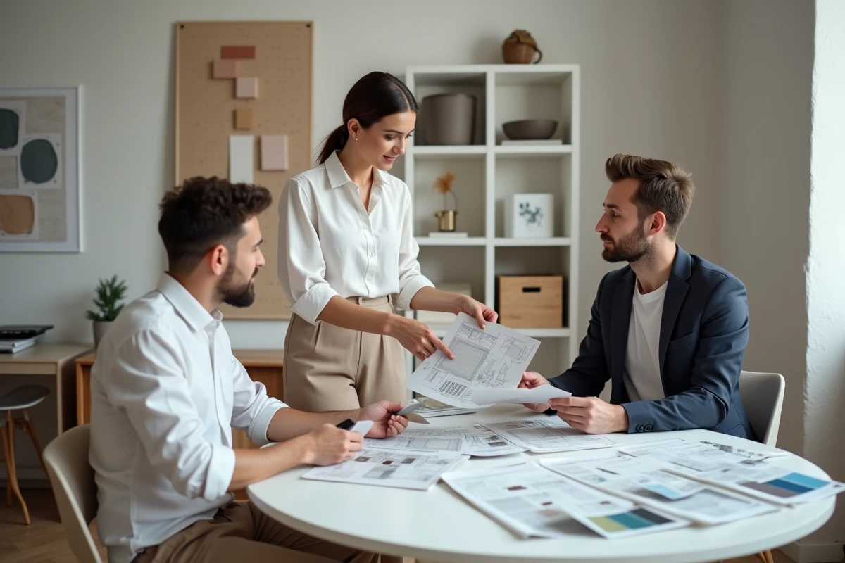 Décoratrice d'intérieur présentant des échantillons de matériaux à ses clients lors d'une consultation dans une agence de décoration à Lille