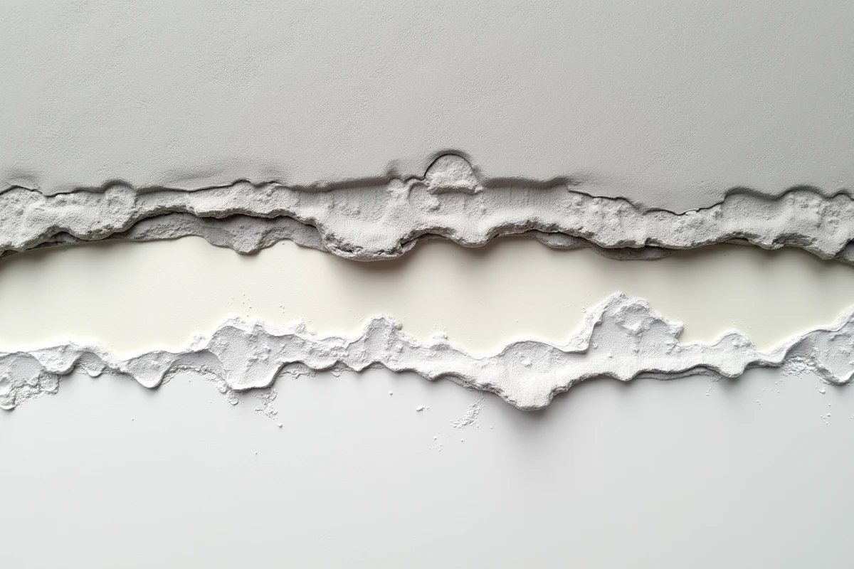 Gros plan sur les couches de peinture visibles sur un mur en parpaing extérieur, détail texture et épaisseur d'apprêt et de finition