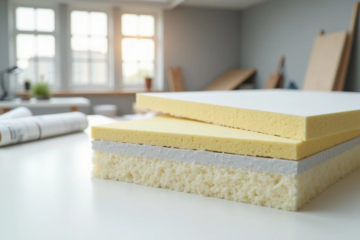 Coupe transversale d'un mur intérieur montrant les couches d'isolation thermique, pare-vapeur et plaque de plâtre
