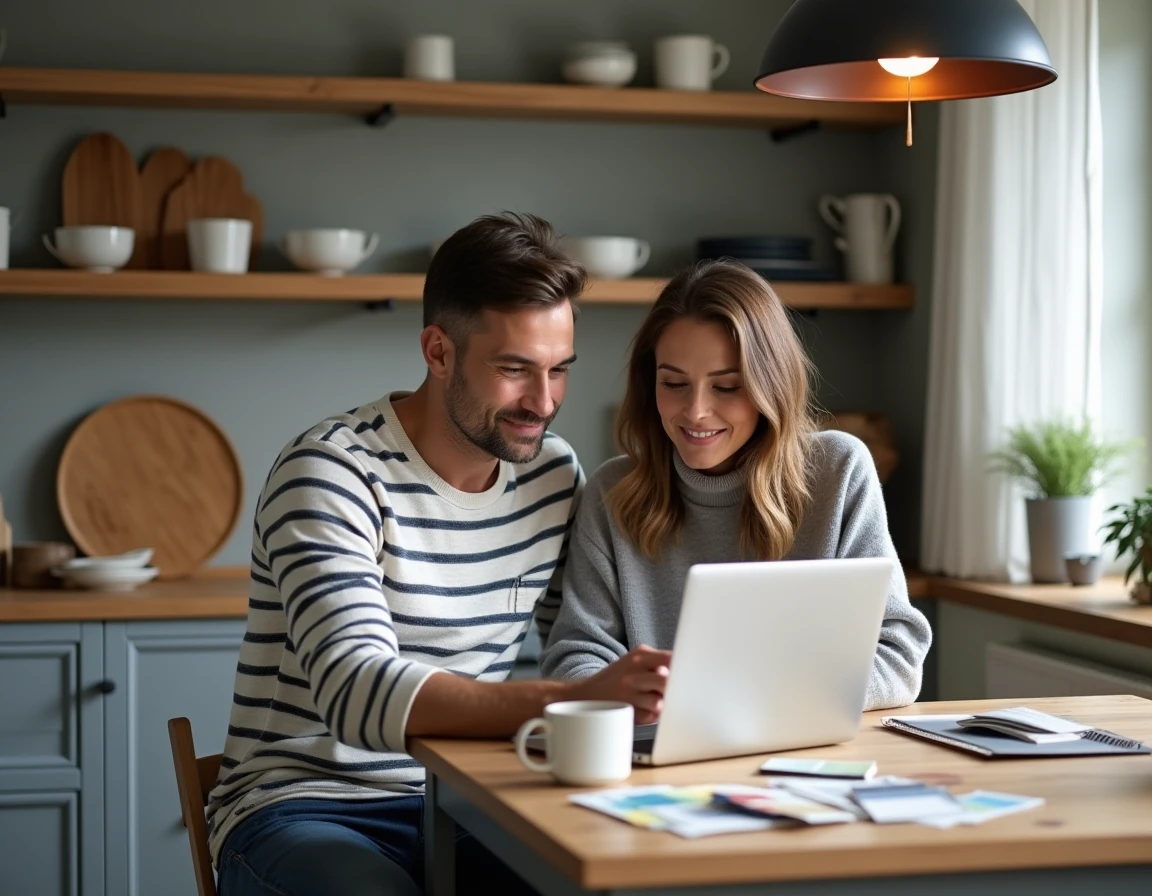 Couple consultant une application de décoration maison sur ordinateur portable dans une cuisine familiale contemporaine