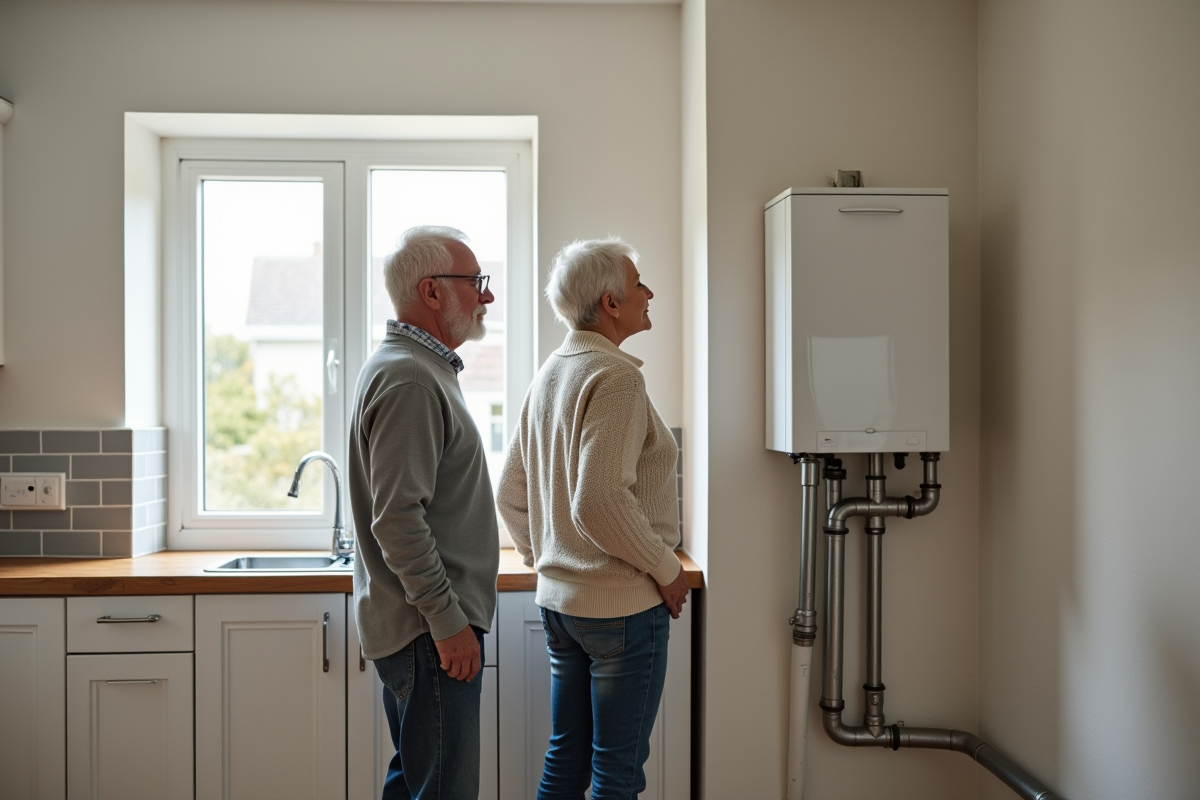 Couple retiree dans leur cuisine avec ancienne chaudiere enlevée