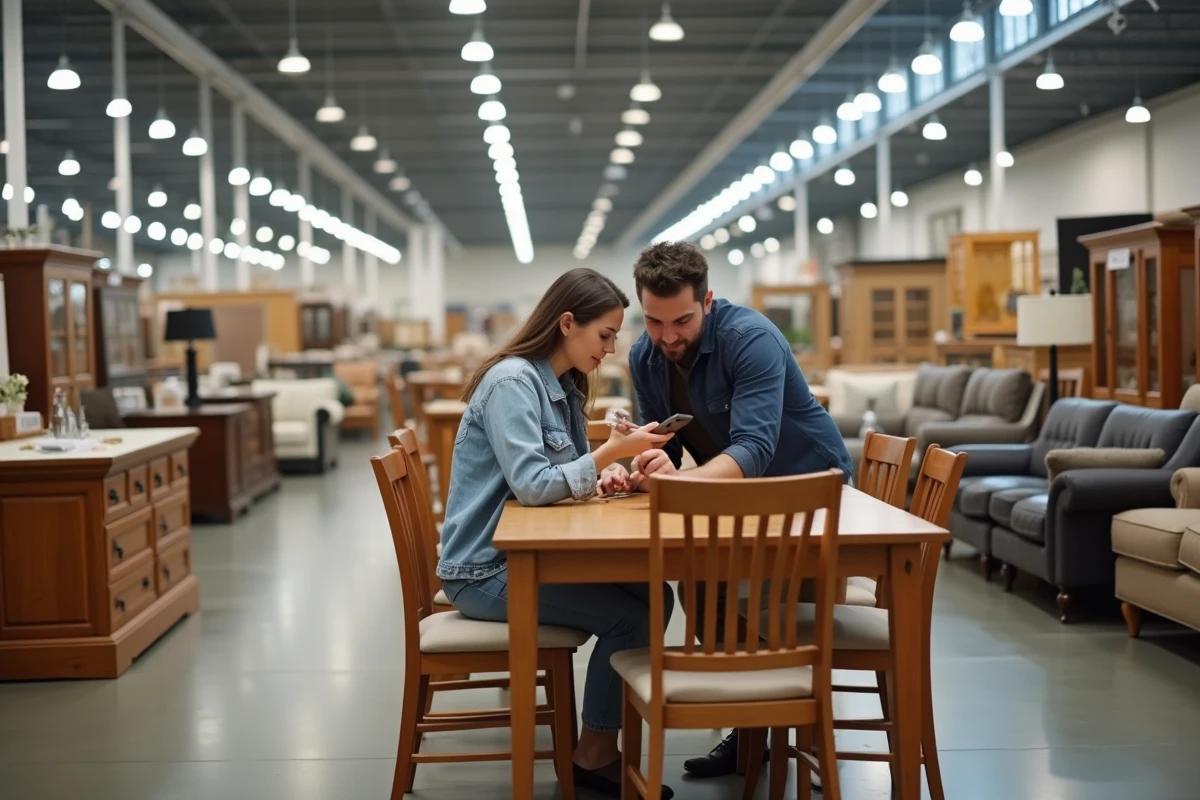 Couple inspectant une table en bois dans un grand magasin BUT pour comparer avec l'offre disponible en ligne