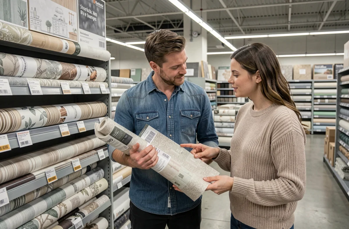 Couple comparant des échantillons de tapisserie lavable pour cuisine dans un magasin de bricolage
