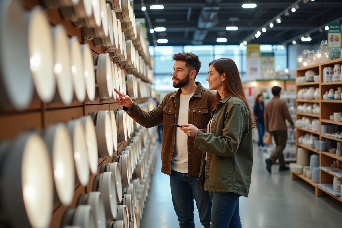 Jeune couple comparant des luminaires dans un magasin