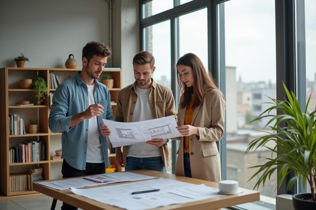 Jeune couple examinant des échantillons dans un studio lumineux