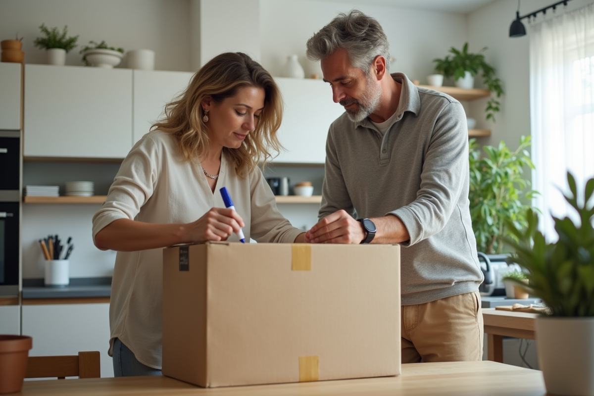 Un couple étiquetant une boîte dans une cuisine lumineuse