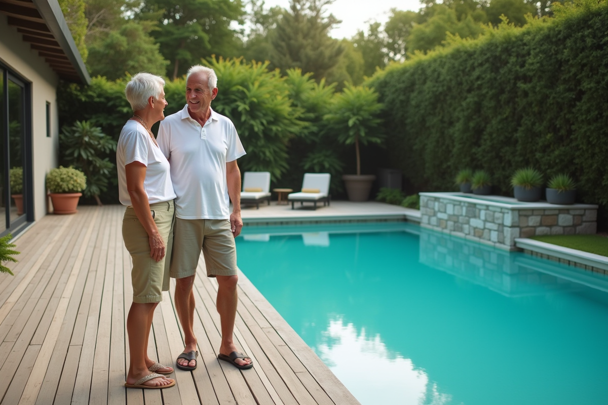 Couple d'adultes discutant près d'une piscine turquoise en été
