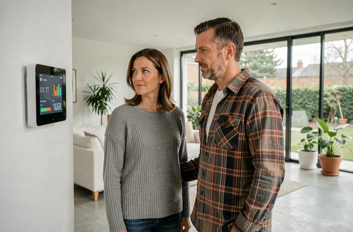 Couple examinant les statistiques de consommation énergétique de leur pompe à chaleur sur un thermostat connecté dans un salon moderne