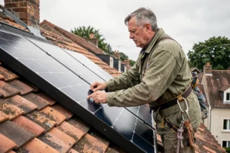 Artisan couvreur installant un panneau solaire sur une toiture en tuiles terracotta dans un quartier résidentiel