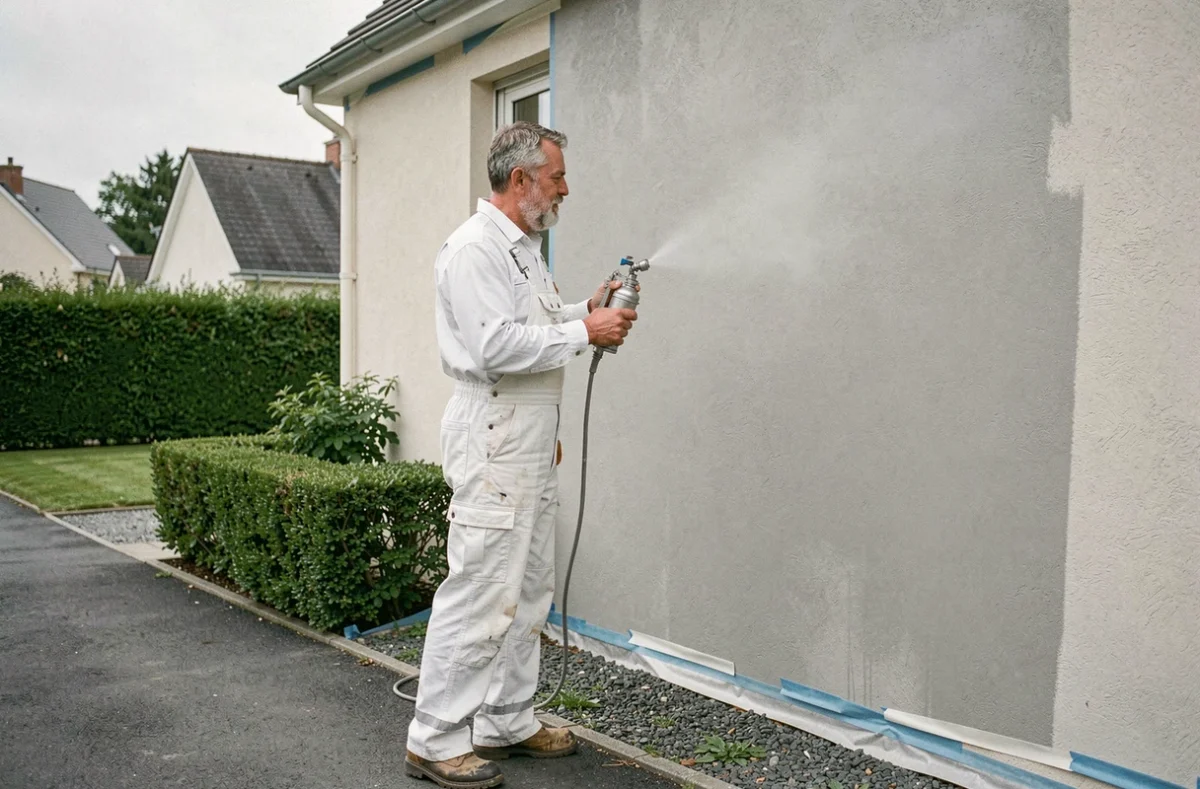 Artisan CP Peinture projetant un enduit de façade blanc sur le mur extérieur d'une maison normande de banlieue avec du ruban de masquage posé sur les bords