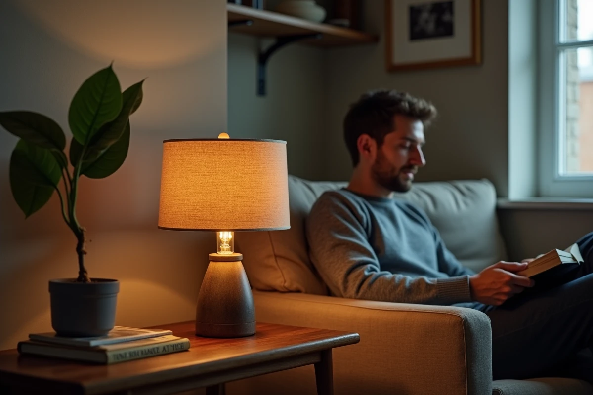 Lampe de salon vintage avec un culot B22 et une petite ampoule ronde posée sur une table en noyer dans un salon cosy