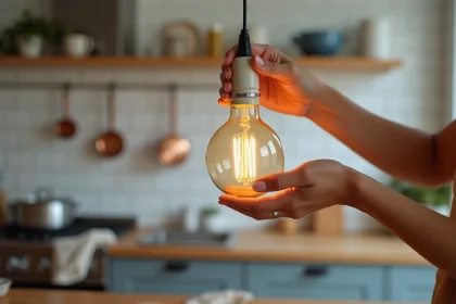 Gros plan sur un culot E14 de petite ampoule inséré dans un luminaire suspendu au-dessus d'un îlot de cuisine moderne