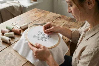 Femme débutante en broderie travaillant un point arrière sur un tambour de lin blanc avec fils de coton colorés sur table en bois