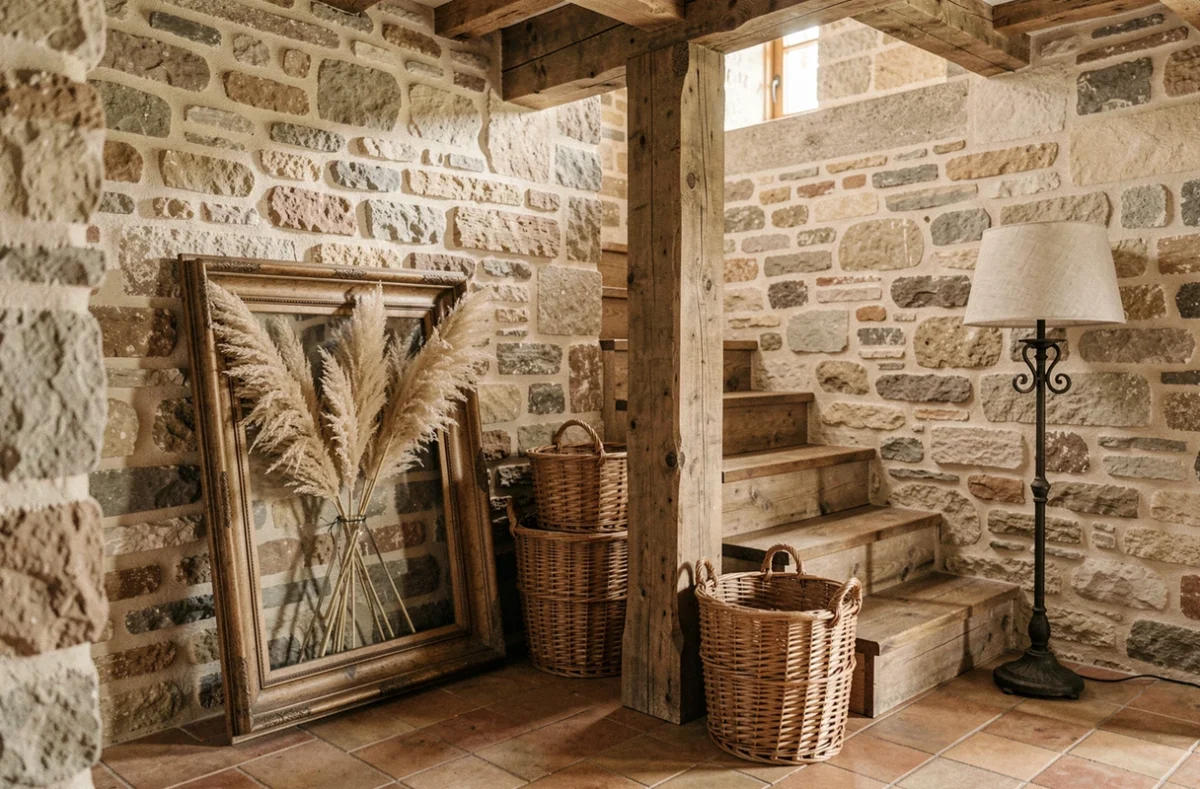 Décoration de cage escalier rustique sans percer les murs avec un grand cadre posé, des paniers en osier et de l'herbe de pampa séchée dans une maison de campagne française