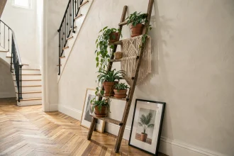 Décoration de mur cage escalier sans perçage avec une échelle en bois, des plantes suspendues et des cadres posés au sol dans un appartement moderne