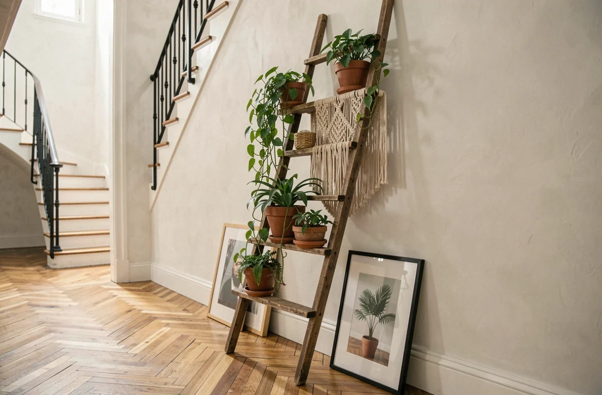 Décoration de mur cage escalier sans perçage avec une échelle en bois, des plantes suspendues et des cadres posés au sol dans un appartement moderne
