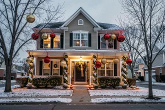 Maison de banlieue décorée pour Noël avec guirlandes et couronnes géantes visibles depuis la rue en hiver