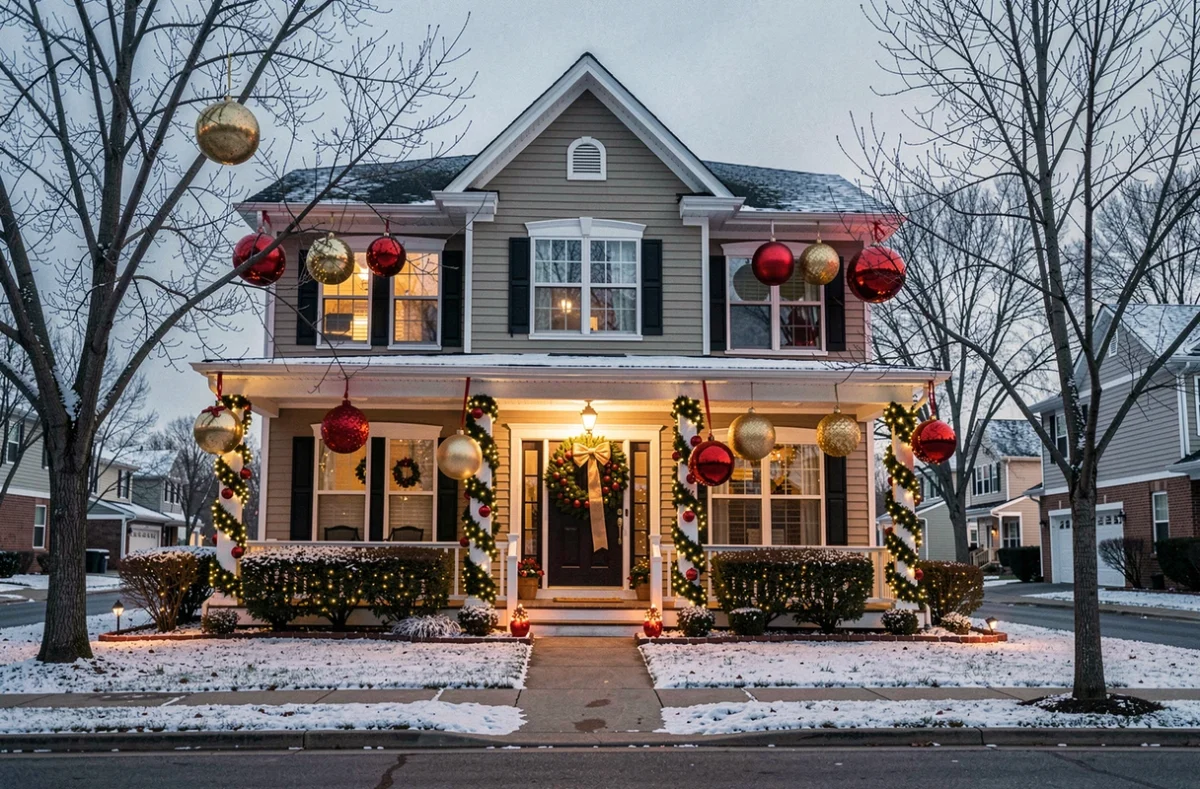 Maison de banlieue décorée pour Noël avec guirlandes et couronnes géantes visibles depuis la rue en hiver