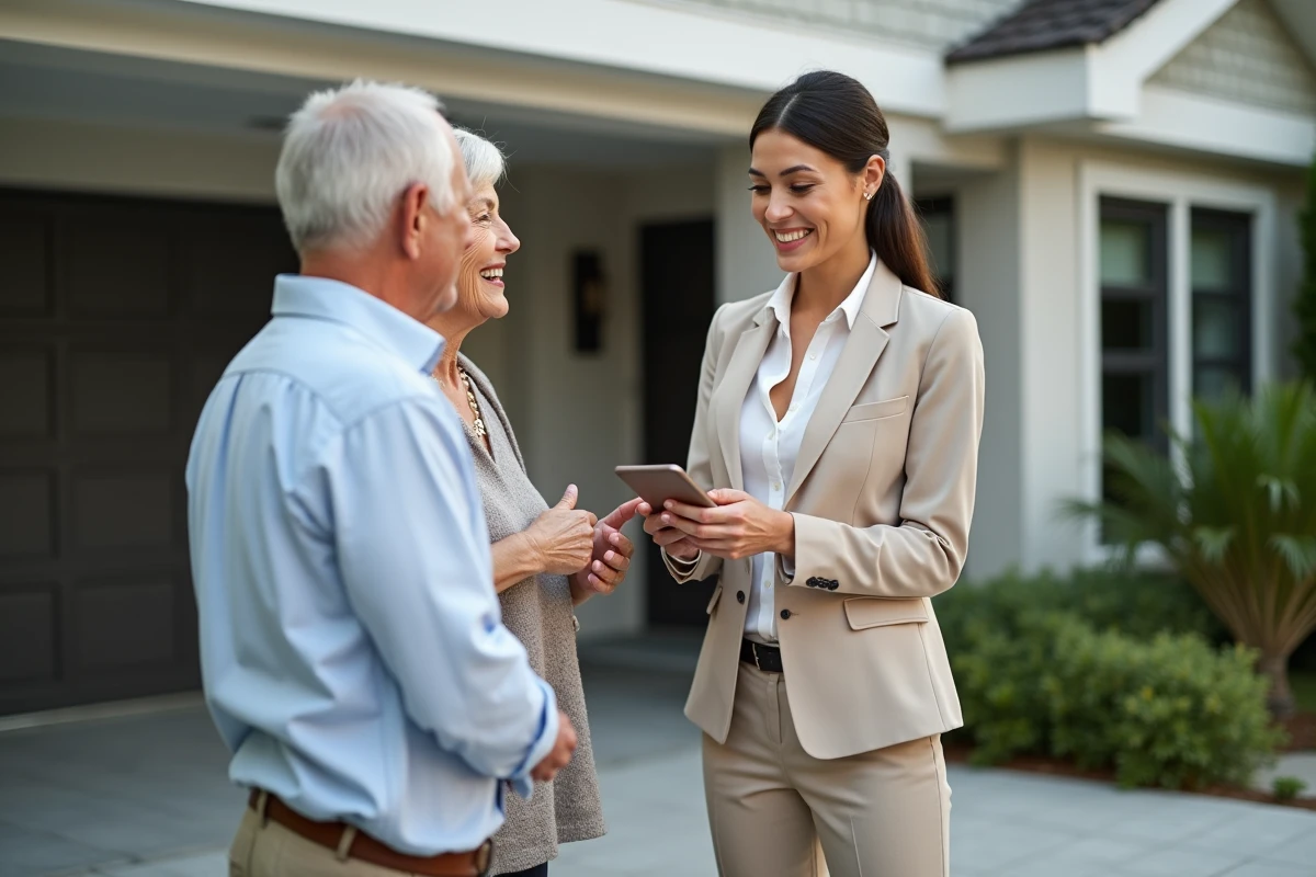 Agent immobilier montrant une app à un couple devant une maison