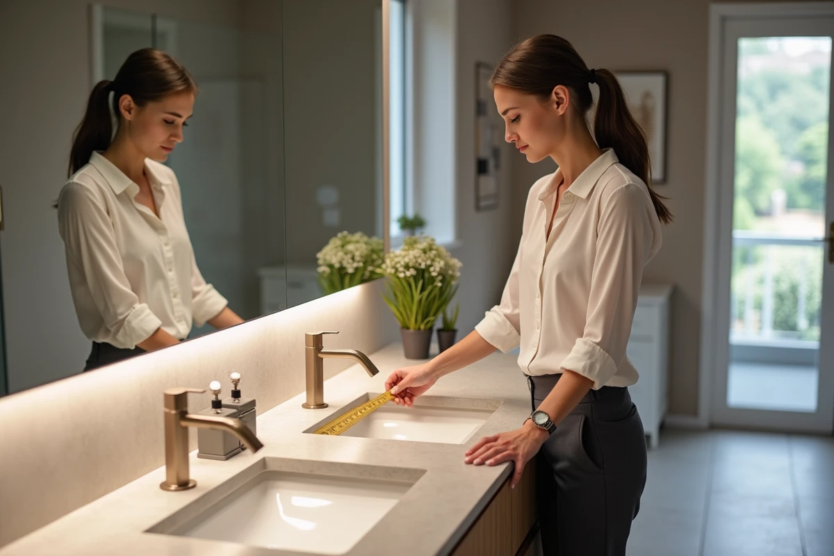 Décoratrice intérieure inspectant un double lavabo dans une salle de bain