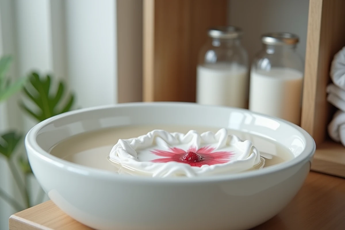 Vêtement blanc avec tache de framboise trempant dans une bassine avec du vinaigre blanc et du bicarbonate de soude pour détachage