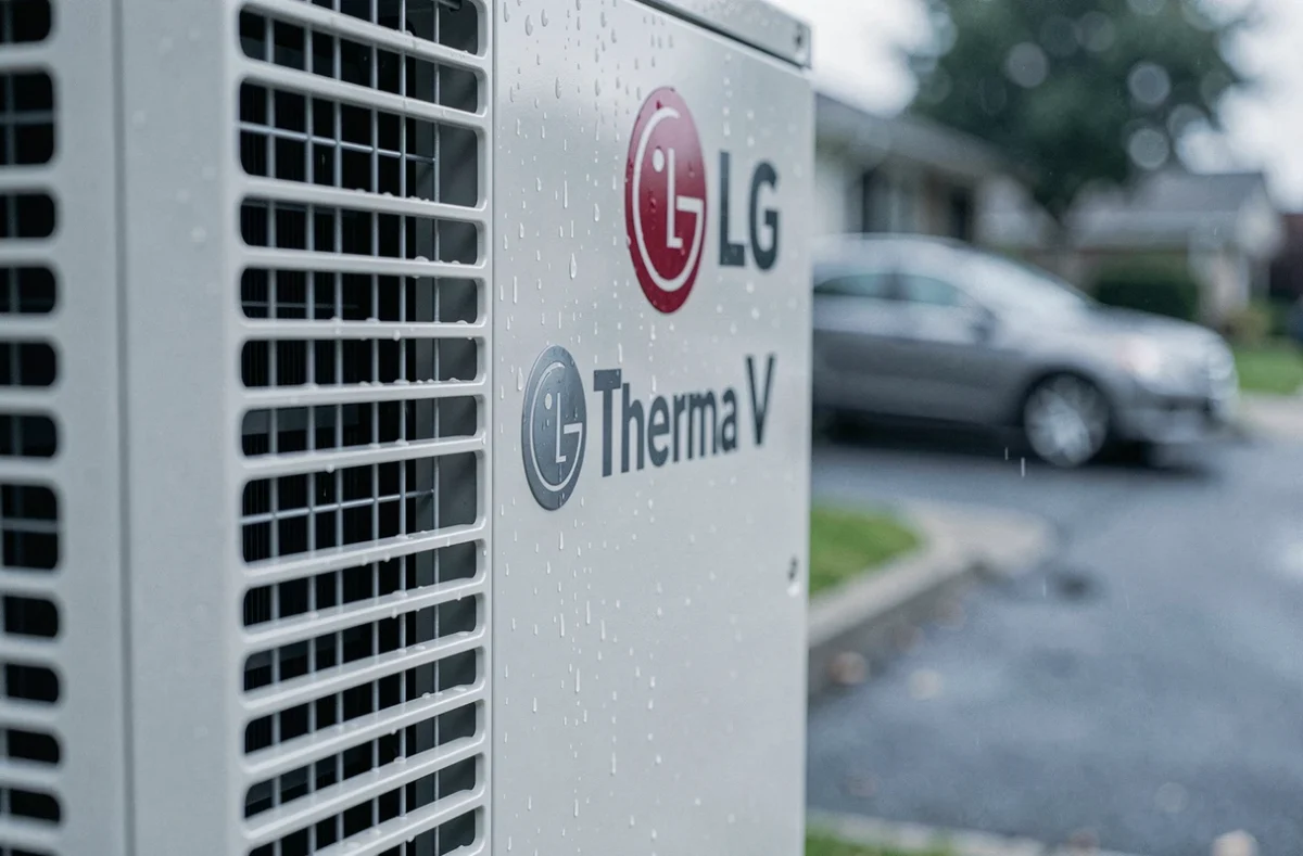 Détail de la grille et du logo de la pompe à chaleur LG Therma V avec gouttes d'eau sur le boîtier