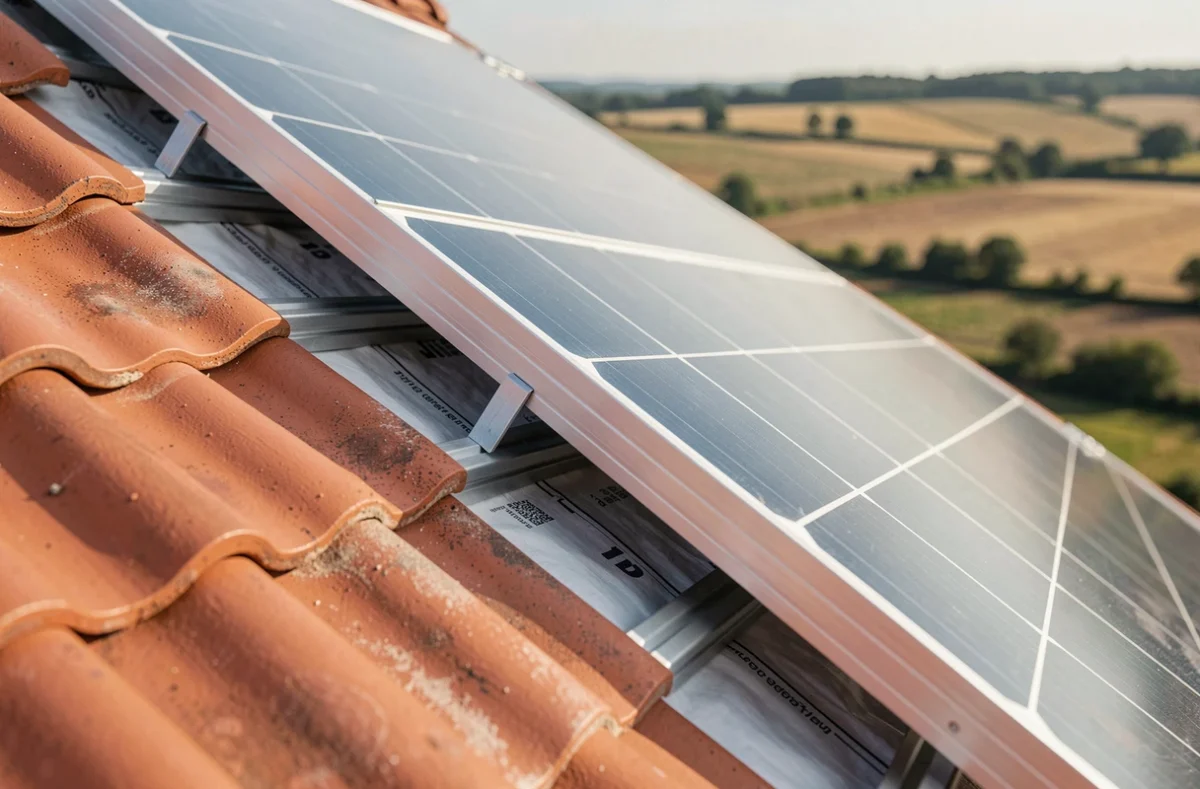 Détail de la jonction entre tuiles traditionnelles en terre cuite et panneaux solaires monocristallins sur une toiture en cours de rénovation