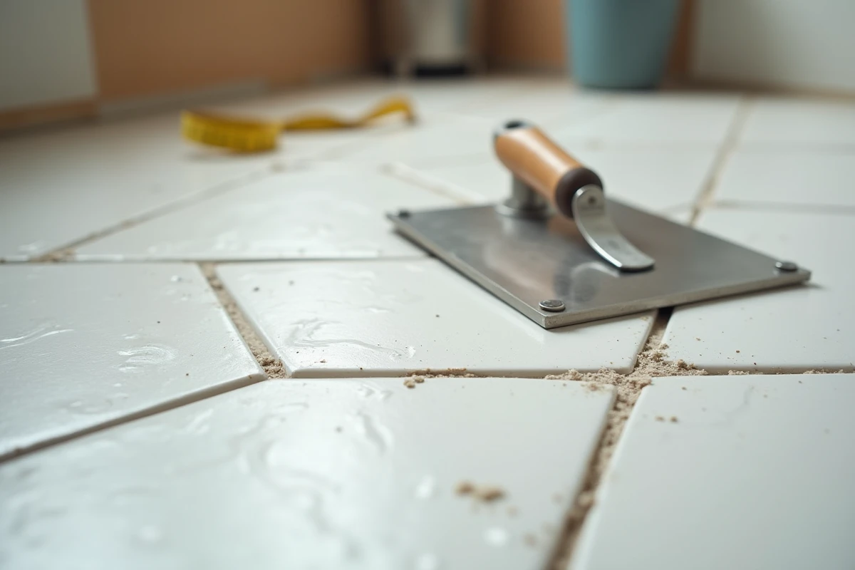 Gros plan sur des carreaux de sol fraîchement posés avec joints en cours de séchage et spatule crantée sur un chantier de cuisine