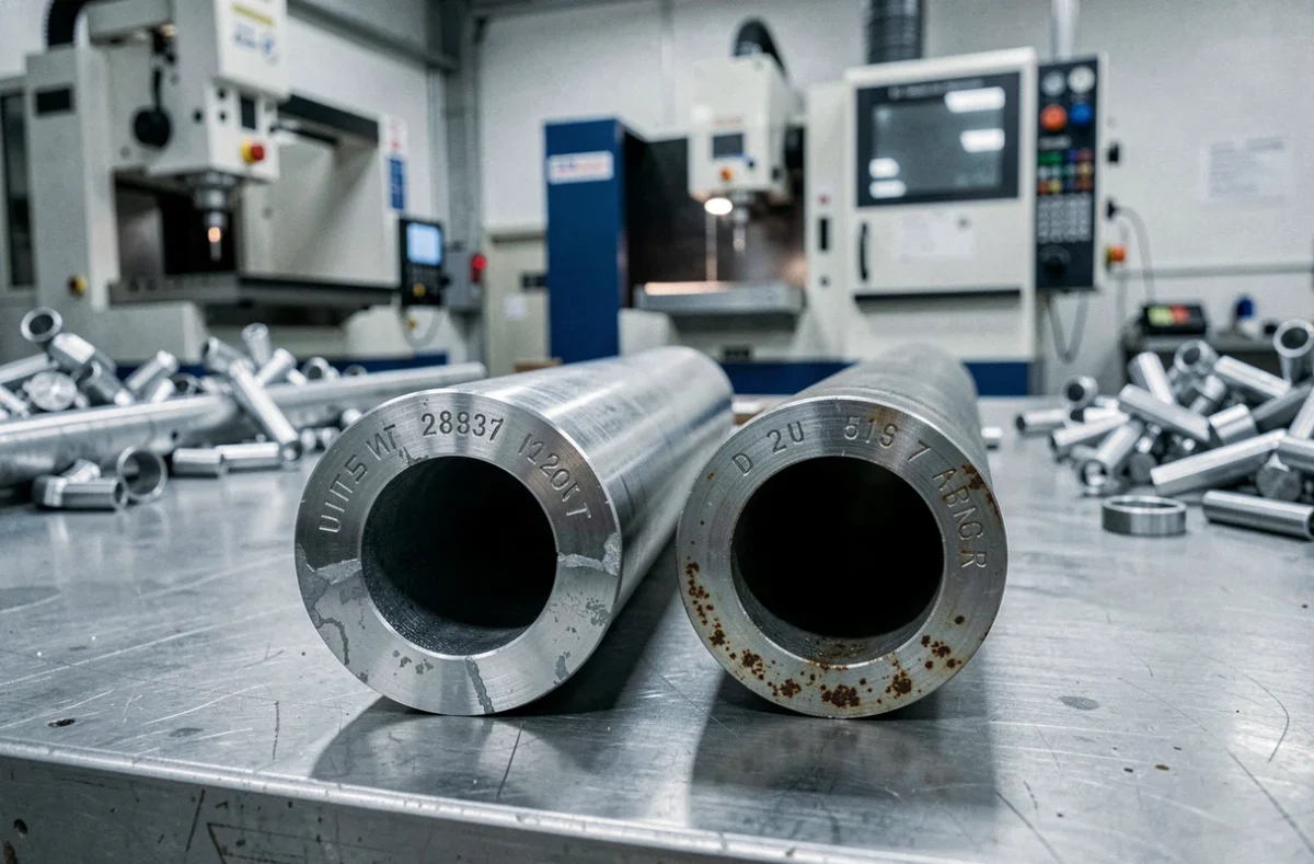 Gros plan sur la section transversale d'un tube aluminium et d'un tube acier galvanisé sur un établi métallique
