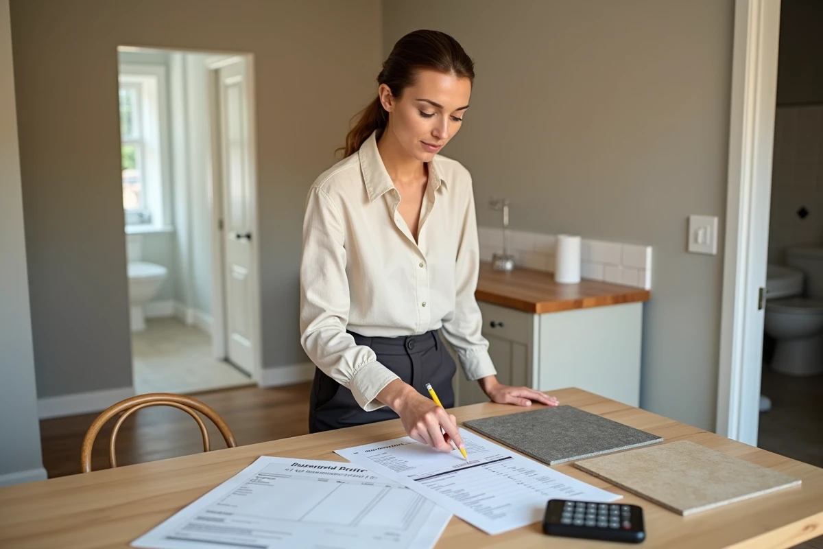 Femme consultant un devis de pose de carrelage au m2 avec des échantillons de carreaux sur une table
