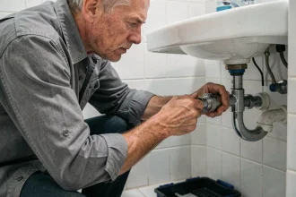 Homme en train de dévisser un raccord de plomberie sous un évier de salle de bain, concentré sur le sens de rotation