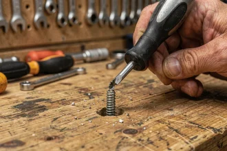 Mains de mécanicien tentant de dévisser une vis cruciforme foirée sur un établi en bois avec un tournevis manuel