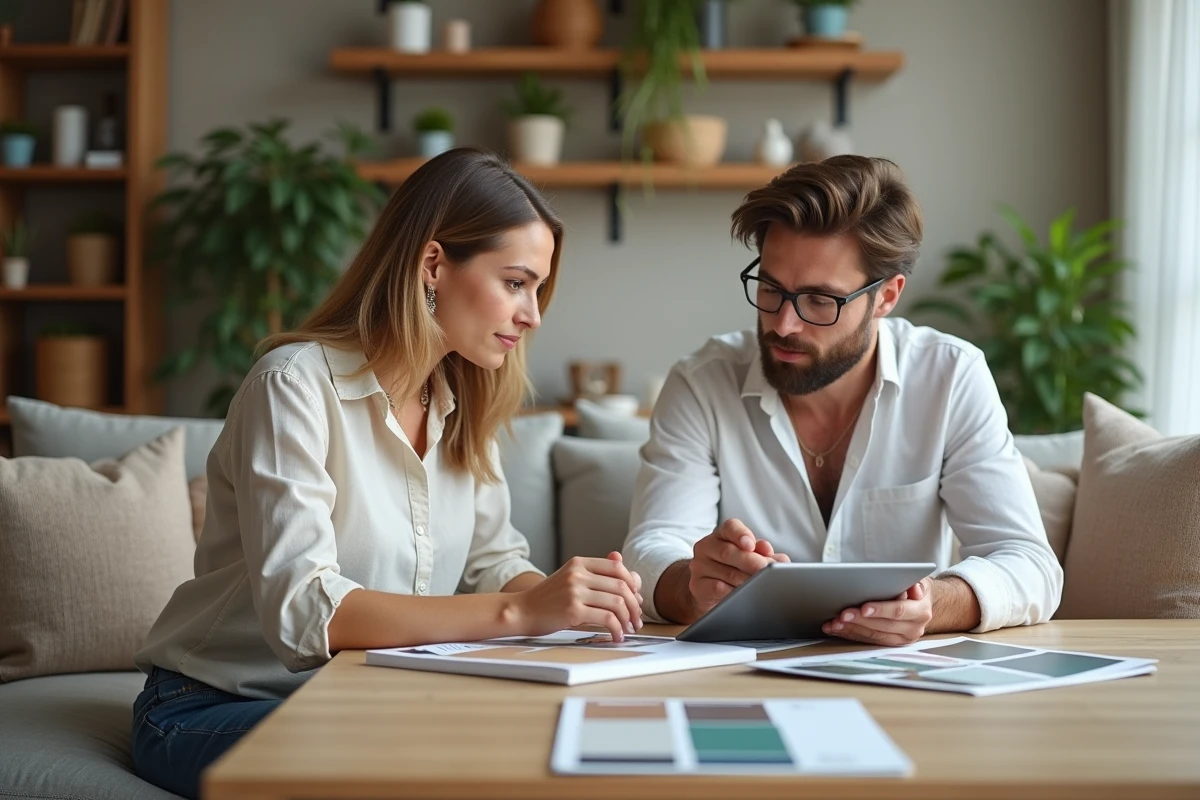 Femme discutant d'échantillons de couleur avec un décorateur