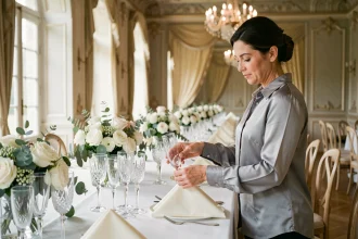 Femme élégante disposant des verres en cristal sur une table de mariage dressée dans un château, avec flûtes à champagne et verres à vin alignés sur nappe blanche