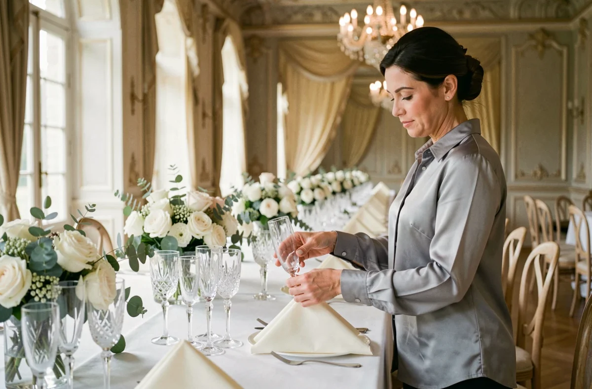 Femme élégante disposant des verres en cristal sur une table de mariage dressée dans un château, avec flûtes à champagne et verres à vin alignés sur nappe blanche