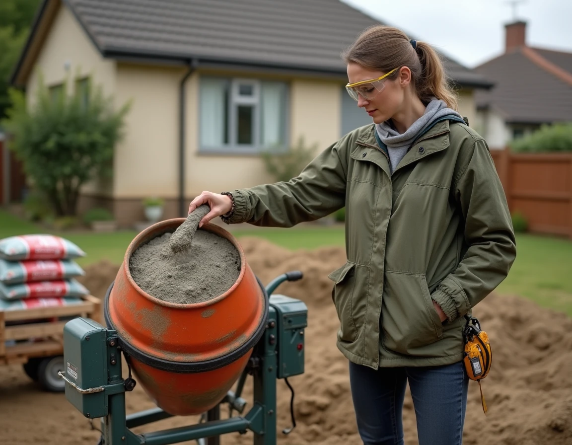 Femme comptant les pelles de béton dosées versées dans une bétonnière électrique avec sacs de 35 kg sur palette