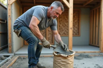Homme dosant du béton avec une pelle depuis un sac de 35 kg sur un chantier de dalle béton en extérieur